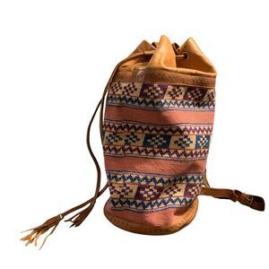 Vintage Leather Wool Kilim Drawstring Backpack Large Multi-Color Tooled Bag Boho